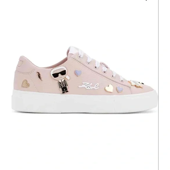 Karl Lagerfeld Pink Heart Embellished Graphic White Lace Sole Casual Sneakers8.5 - Picture 3 of 7